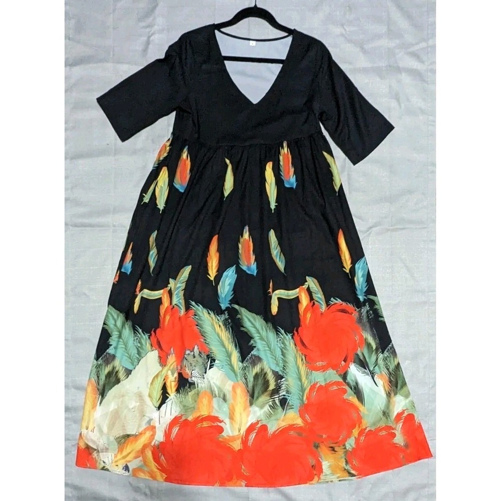 Boho Feather Floral Print V-Neck Maxi Dress Black Orange 3/4 Sleeve Small